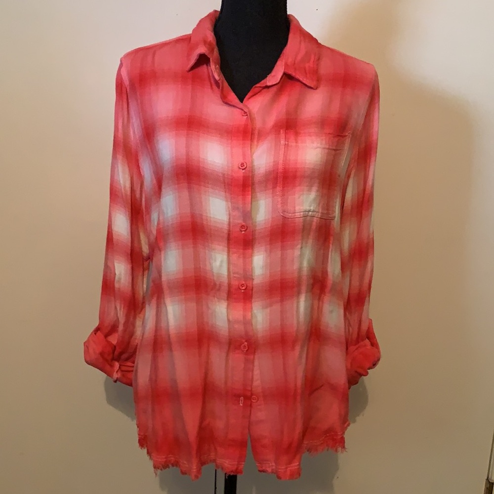 Melon pink color check top with frayed hem - Large
